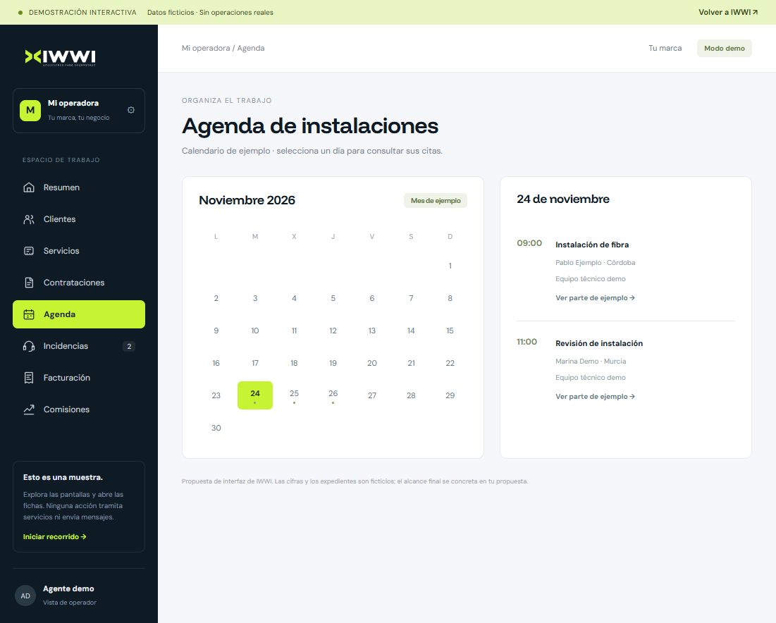 Agenda de instalaciones de la demo pública de IWWI, con datos ficticios