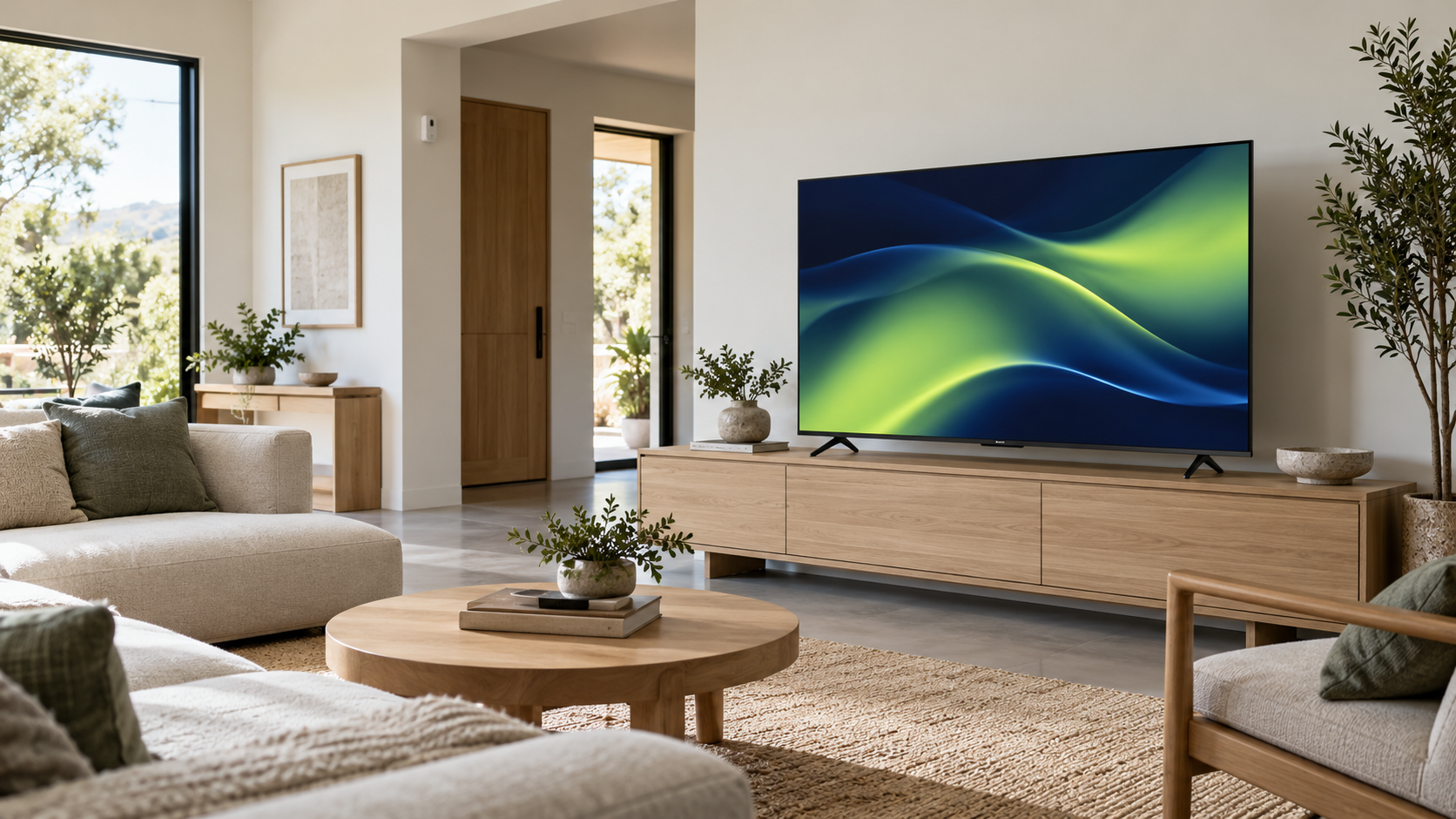 Salón con televisión que muestra una imagen abstracta, sin programación real