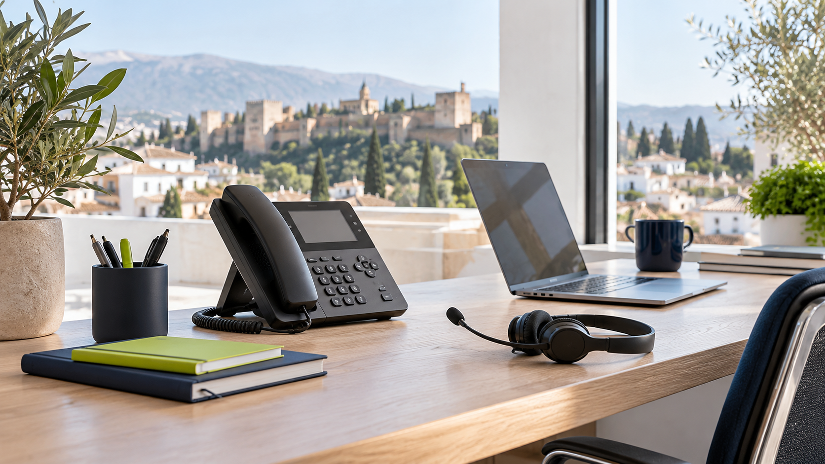 Puesto de trabajo con teléfono IP, auriculares y portátil